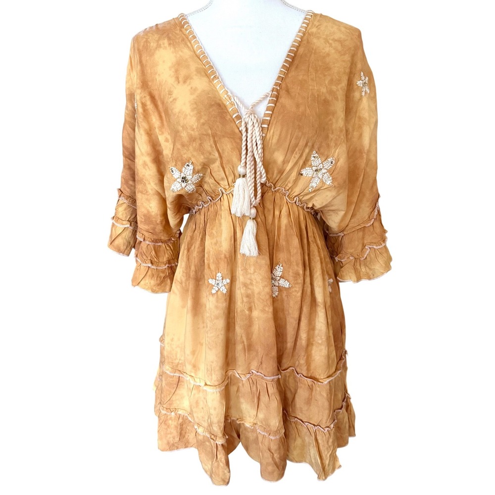 Zury Golden Yellow Tie Dye Mini‎ Dress Embroidered Sequin One Size NWT